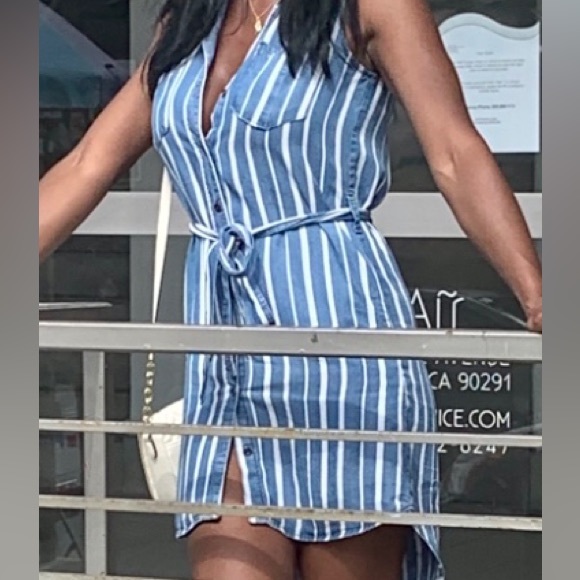 Striped Jean Collared Button Down Sleeveless Dress - Picture 3 of 8